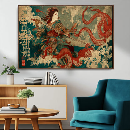 60201267-MGV-CV-36X24-Samurai Woman vs Octopus Wall Art – Japanese Ukiyo-e Armor Canvas Print, Red Tentacle Ocean Battle Artwork for Living Room,