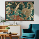 79740258-MGV-CV-36X24-Samurai Woman vs Octopus Wall Art – Japanese Ukiyo-e Blue Kimono Canvas Print, Ocean Battle Artwork for Living Room, Office, Man