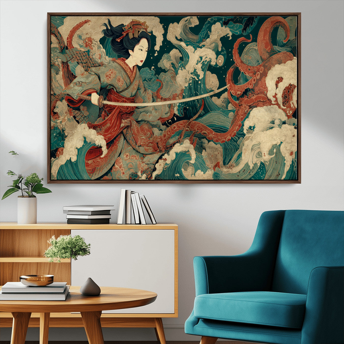 30212982-MGV-CV-36X24-Samurai Woman vs Octopus Wall Art – Japanese Ukiyo-e Style Warrior and Sea Monster Canvas Print, Mythology Inspired Artwork for