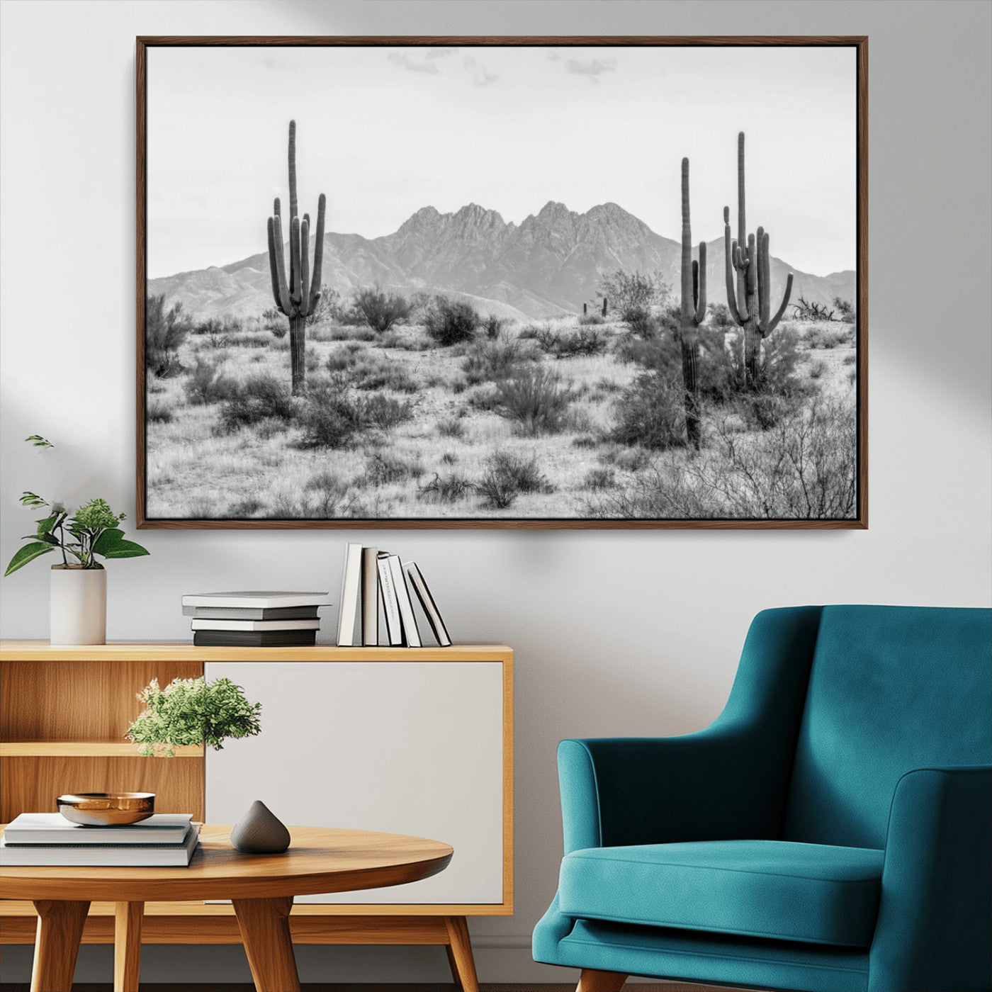 97436PHN-MGV-CV-36X24-Desert Landscape Wall Art – Black and White Cactus and Mountain Canvas Print, Southwestern Nature Photography for Living Room,