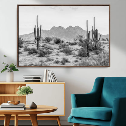 97436PHN-MGV-CV-36X24-Desert Landscape Wall Art – Black and White Cactus and Mountain Canvas Print, Southwestern Nature Photography for Living Room,