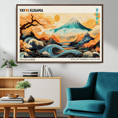 94085549-MGV-FC-36X24_Walnut-Yayoi Kusama Inspired Japanese Landscape Art Print – Vibrant Mount Fuji, Waves & Autumn Trees, Modern Decorative Poster for