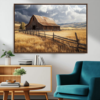 23718739-MGV-CV-36X24-Farmhouse Wall Art – Rustic Barn and Golden Wheat Field Canvas Print, Country Landscape Photography Decor for Bedroom, Living