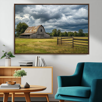 39409517-MGV-CV-36X24-Rustic Barn Wall Art – Weathered Farmhouse and Storm Clouds Canvas Print, Country Landscape Photography Decor for Bedroom, Living