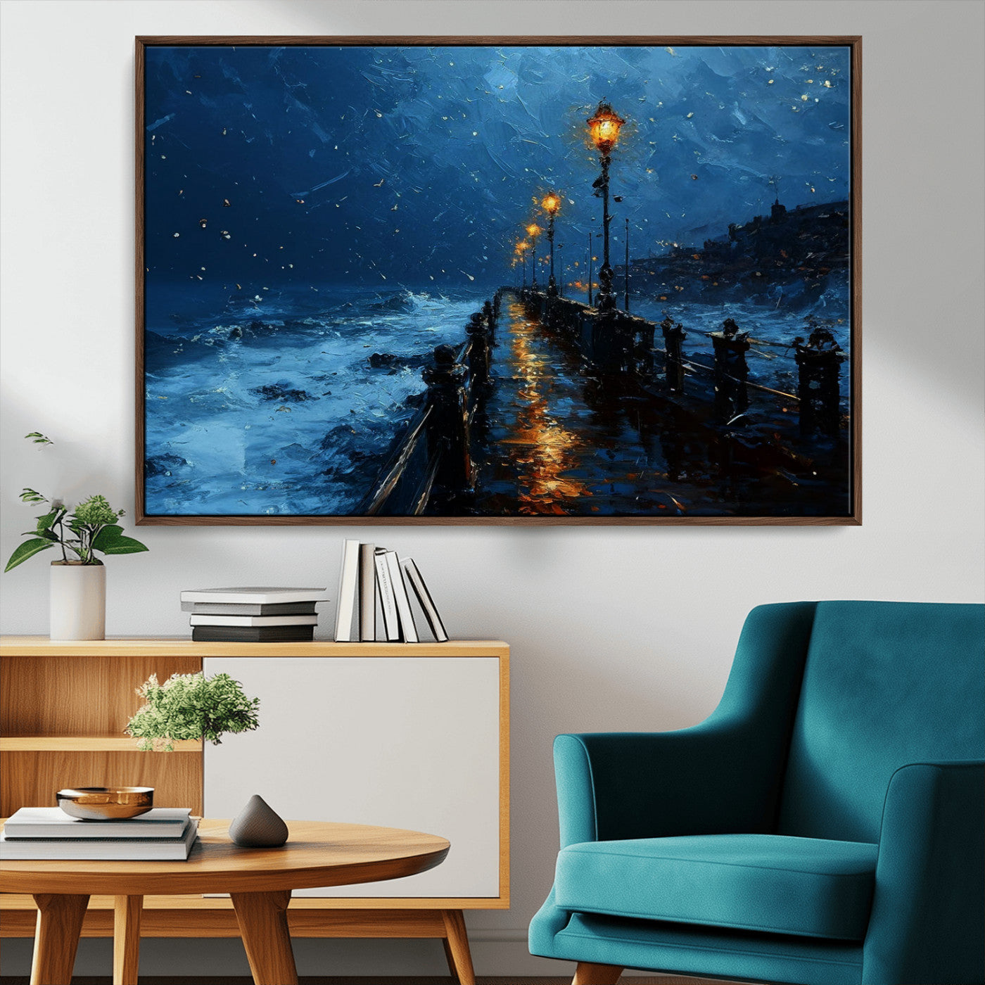 48300530-MGV-FC-36X24_Walnut-Dark Stormy Pier Canvas Wall Art – Moody Ocean Night Scene with Street Lamps, Blue Coastal Seascape Print for Bedroom, Office, or