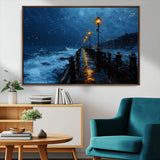48300530-MGV-FC-36X24_Walnut-Dark Stormy Pier Canvas Wall Art – Moody Ocean Night Scene with Street Lamps, Blue Coastal Seascape Print for Bedroom, Office, or