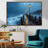 93793246-MGV-CV-36X24-Stormy Night Pier Canvas Wall Art – Moody Ocean Landscape with Lights, Blue Coastal Seascape Print for Bedroom, Living Room,