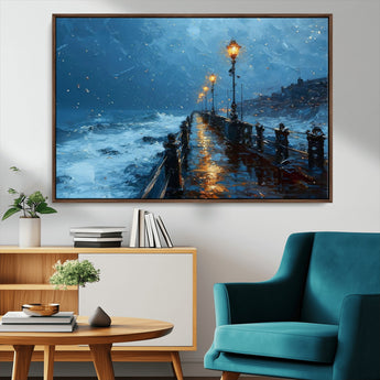 93793246-MGV-CV-36X24-Stormy Night Pier Canvas Wall Art – Moody Ocean Landscape with Lights, Blue Coastal Seascape Print for Bedroom, Living Room,
