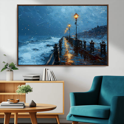 93793246-MGV-CV-36X24-Stormy Night Pier Canvas Wall Art – Moody Ocean Landscape with Lights, Blue Coastal Seascape Print for Bedroom, Living Room,