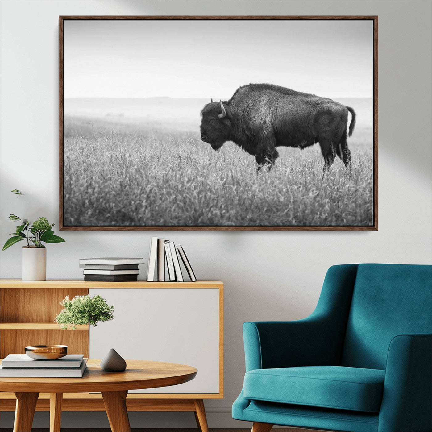 90861202-MGV-CV-36X24-Black and White Bison Canvas Wall Art – Rustic American Buffalo Print, Western Wildlife Photography for Farmhouse, Cabin, Office