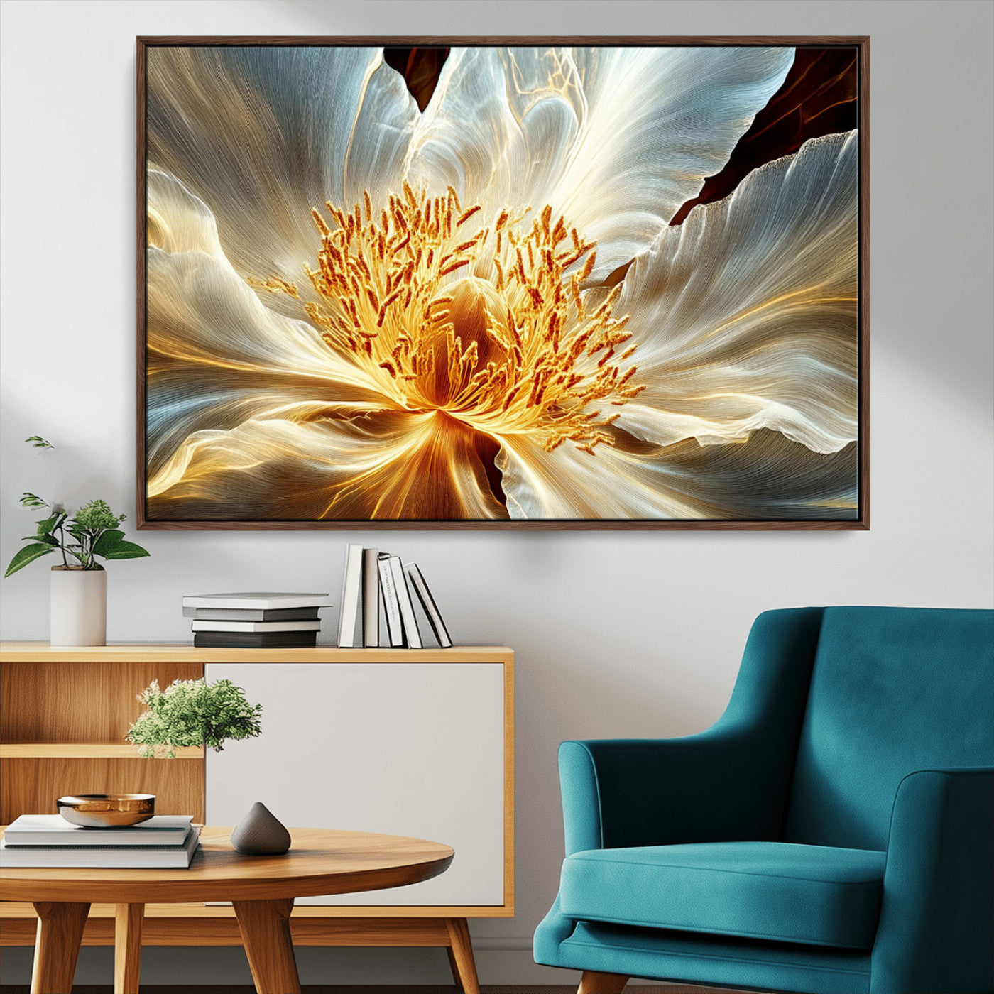 20862576-MGV-CV-36X24-Golden Abstract Flower Canvas Wall Art – Modern Botanical Bloom Print, Elegant Floral Artwork for Living Room, Bedroom, Office
