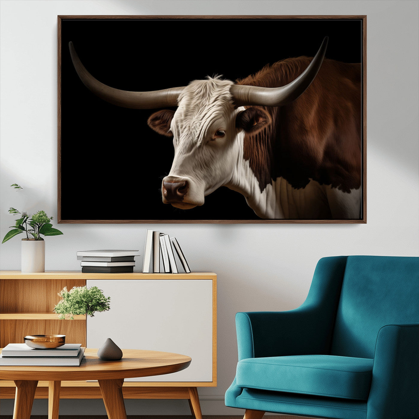 27414857-MGV-FC-36X24_Walnut-Texas Longhorn Bull Canvas Wall Art – Rustic Western Farmhouse Decor, Brown & White Cow Portrait, Animal Print for Ranch Home