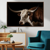 27414857-MGV-FC-36X24_Walnut-Texas Longhorn Bull Canvas Wall Art – Rustic Western Farmhouse Decor, Brown & White Cow Portrait, Animal Print for Ranch Home