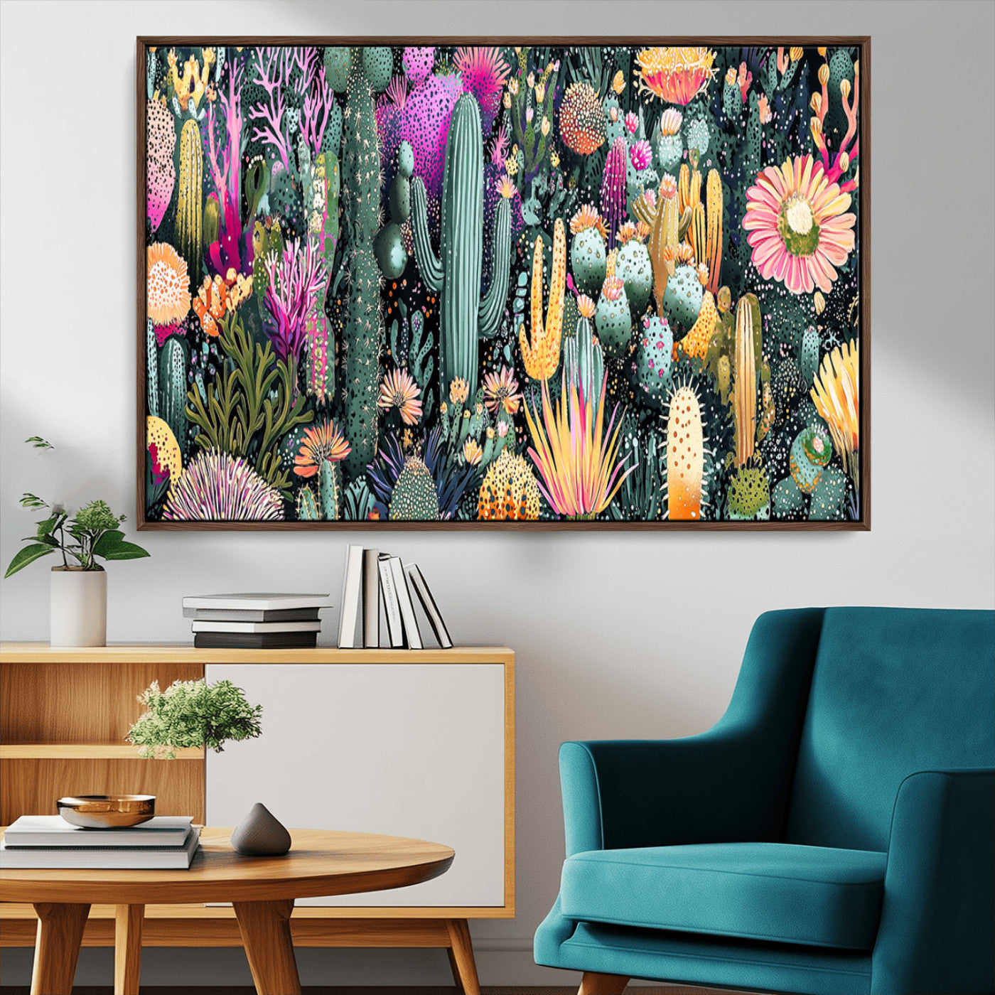 61768646-MGV-CV-36X24-Abstract Cactus Wall Art – Colorful Desert Botanical Print with Vibrant Succulents and Flowers, Modern Boho Southwest Decor for