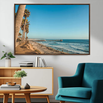 92568259-MGV-CV-36X24-California Beach Wall Art – Palm Tree Pier Canvas Print, Coastal Ocean Photography Seaside Decor for Living Room, Bedroom, Office,