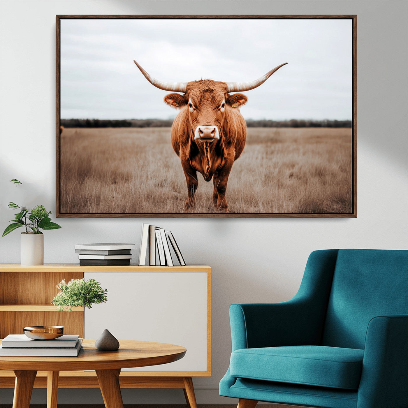 16316734-MGV-CV-36X24-Texas Longhorn Wall Art – Rustic Bull Portrait Canvas Print, Western Farmhouse Animal Photography Decor for Living Room, Office,