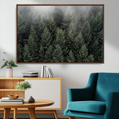 84059409-MGV-CV-36X24-Forest Wall Art – Misty Evergreen Trees Canvas Print, Tranquil Nature Photography Decor for Bedroom, Living Room, Office, Cabin or