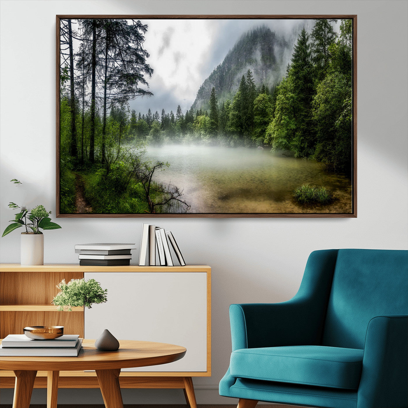 93123937-MGV-CV-36X24-Landscape Wall Art – Misty Mountain Lake Canvas Print, Tranquil Forest and Waterfall Photography Decor for Bedroom, Living Room,