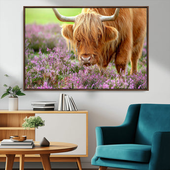 64069351-MGV-CV-36X24-Farmhouse Wall Art – Highland Cow in Wildflowers Canvas Print, Rustic Country Cattle Photography Decor for Bedroom, Living Room,