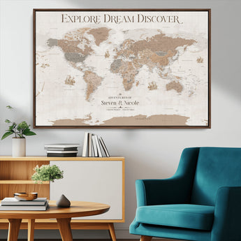 56148717-MGV-CV-36X24-Personalized World Map Wall Art – Neutral Beige & Brown Vintage Adventure Travel Map with Custom Couple Names, Classic Wall Decor