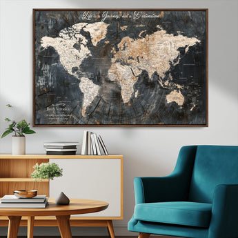 55548943-MGV-CV-36X24-Personalized World Map Wall Art – Rustic Wood Texture Adventure Travel Map with Custom Couple Names, Vintage Dark Wall Decor for