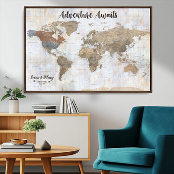30792405-MGV-CV-36X24-Personalized World Map Wall Art – Rustic Beige Adventure Travel Map with Custom Couple Names, Vintage Wall Decor for Home or