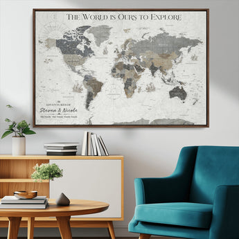97082026-MGV-CV-36X24-Personalized World Map Wall Art – Vintage Gray Adventure Travel Map with Custom Couple or Family Names, Rustic Wall Decor for Home