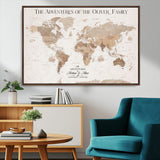 43869621-MGV-CV-36X24-Personalized World Map Wall Art – Light Beige Sepia Adventure Travel Map with Custom Family or Couple Names, Rustic Wall Decor for