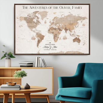 43869621-MGV-CV-36X24-Personalized World Map Wall Art – Light Beige Sepia Adventure Travel Map with Custom Family or Couple Names, Rustic Wall Decor for