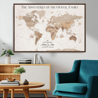 43869621-MGV-CV-36X24-Personalized World Map Wall Art – Light Beige Sepia Adventure Travel Map with Custom Family or Couple Names, Rustic Wall Decor for