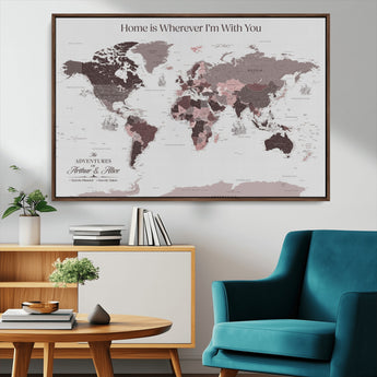33204797-MGV-CV-36X24-Personalized World Map Wall Art – Burgundy & Grey Adventure Travel Map with Custom Names, Romantic Wall Decor for Couples, Home or