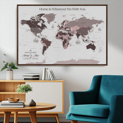 33204797-MGV-CV-36X24-Personalized World Map Wall Art – Burgundy & Grey Adventure Travel Map with Custom Names, Romantic Wall Decor for Couples, Home or