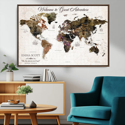 33631532-MGV-CV-36X24-Personalized World Map Wall Art – Dark Vintage Adventure Travel Map with Custom Names, Rustic Wall Decor for Couples, Home or