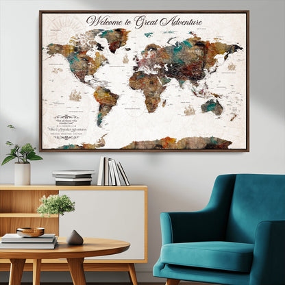 67029173-MGV-CV-36X24-Personalized World Map Wall Art – Colorful Vintage Adventure Travel Map with Custom Couple Names, Rustic Wall Decor for Home,