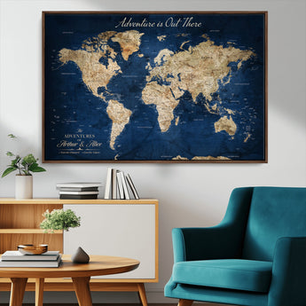71052542-MGV-CV-36X24-Personalized World Map Wall Art – Rustic Navy Blue Adventure Travel Map with Custom Couple Names, Vintage Wall Decor for Home or
