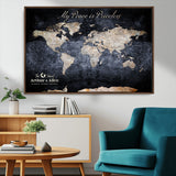 85403043-MGV-CV-36X24-Personalized World Map Wall Art – Dark Blue Rustic Adventure Map with Custom Couple Names, Vintage Wall Decor for Home or Travel