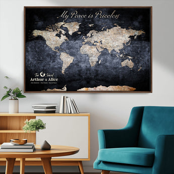 85403043-MGV-CV-36X24-Personalized World Map Wall Art – Dark Blue Rustic Adventure Map with Custom Couple Names, Vintage Wall Decor for Home or Travel