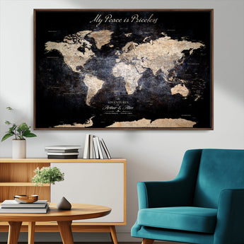 51488142-MGV-CV-36X24-Personalized World Map Wall Art – Dark Rustic Adventure Travel Map with Custom Names, Vintage Wall Decor for Couples, Families or