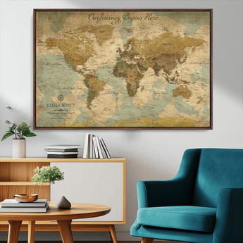 54795344-MGV-CV-36X24-Personalized World Map Wall Art – Vintage Adventure Travel Map with Custom Names, Rustic Wall Décor for Couples, Families