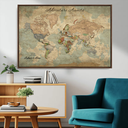 62500285-MGV-CV-36X24-Personalized World Map Wall Art – Rustic Watercolor Adventure Awaits Travel Map with Custom Couple Names, Vintage Wall Decor for