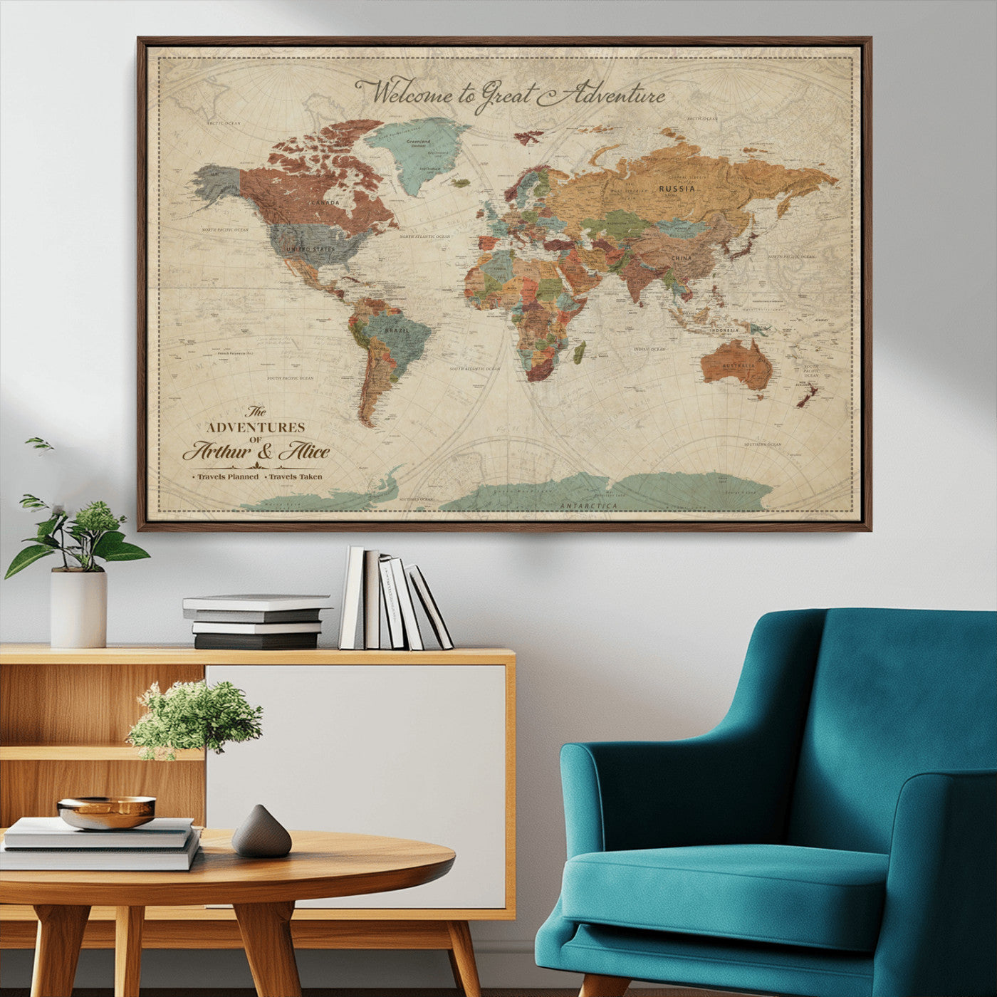 43497401-MGV-CV-36X24-Personalized World Map Wall Art – Vintage Rustic Adventure Travel Map with Custom Couple Names, Welcome to Great Adventure Wall