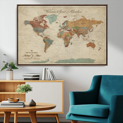 43497401-MGV-CV-36X24-Personalized World Map Wall Art – Vintage Rustic Adventure Travel Map with Custom Couple Names, Welcome to Great Adventure Wall