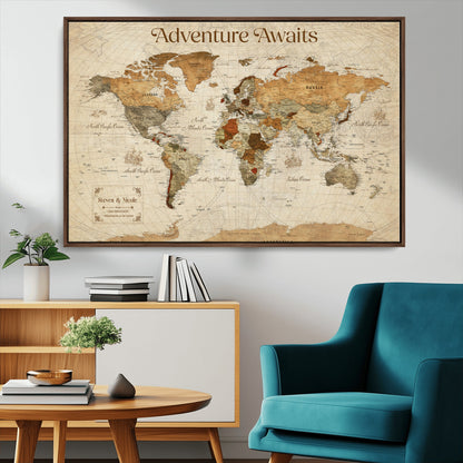 18685073-MGV-CV-36X24-Personalized World Map Wall Art – Antique Vintage Parchment Adventure Awaits Travel Map with Custom Couple Names, Rustic Wall