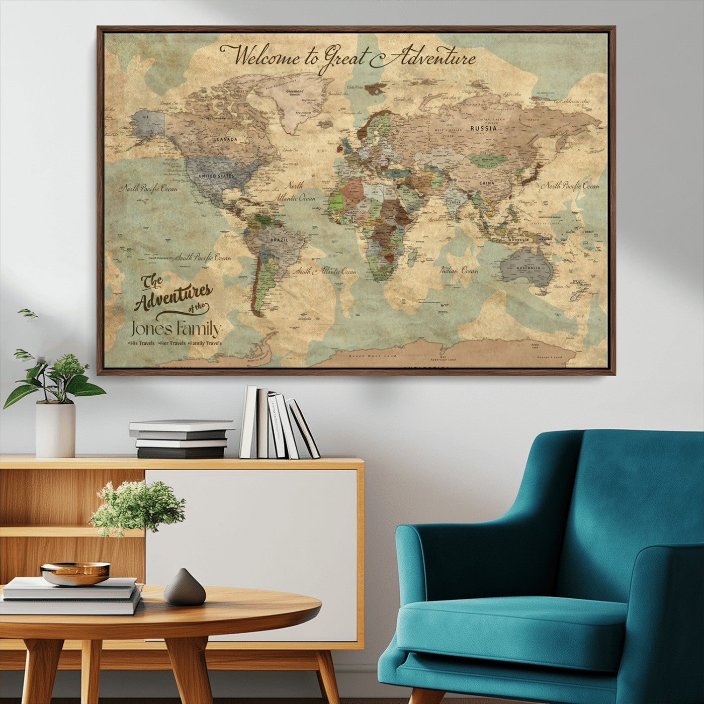 32019746-MGV-CV-36X24-Personalized World Map Wall Art – Vintage Camo Adventure Travel Map with Custom Family Names, Rustic Wall Decor for Couples, Home