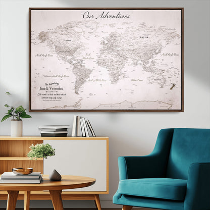11706567-MGV-CV-36X24-Personalized World Map Wall Art – Minimalist Beige Adventure Travel Map with Custom Names, Elegant Push Pin Canvas for Couples,