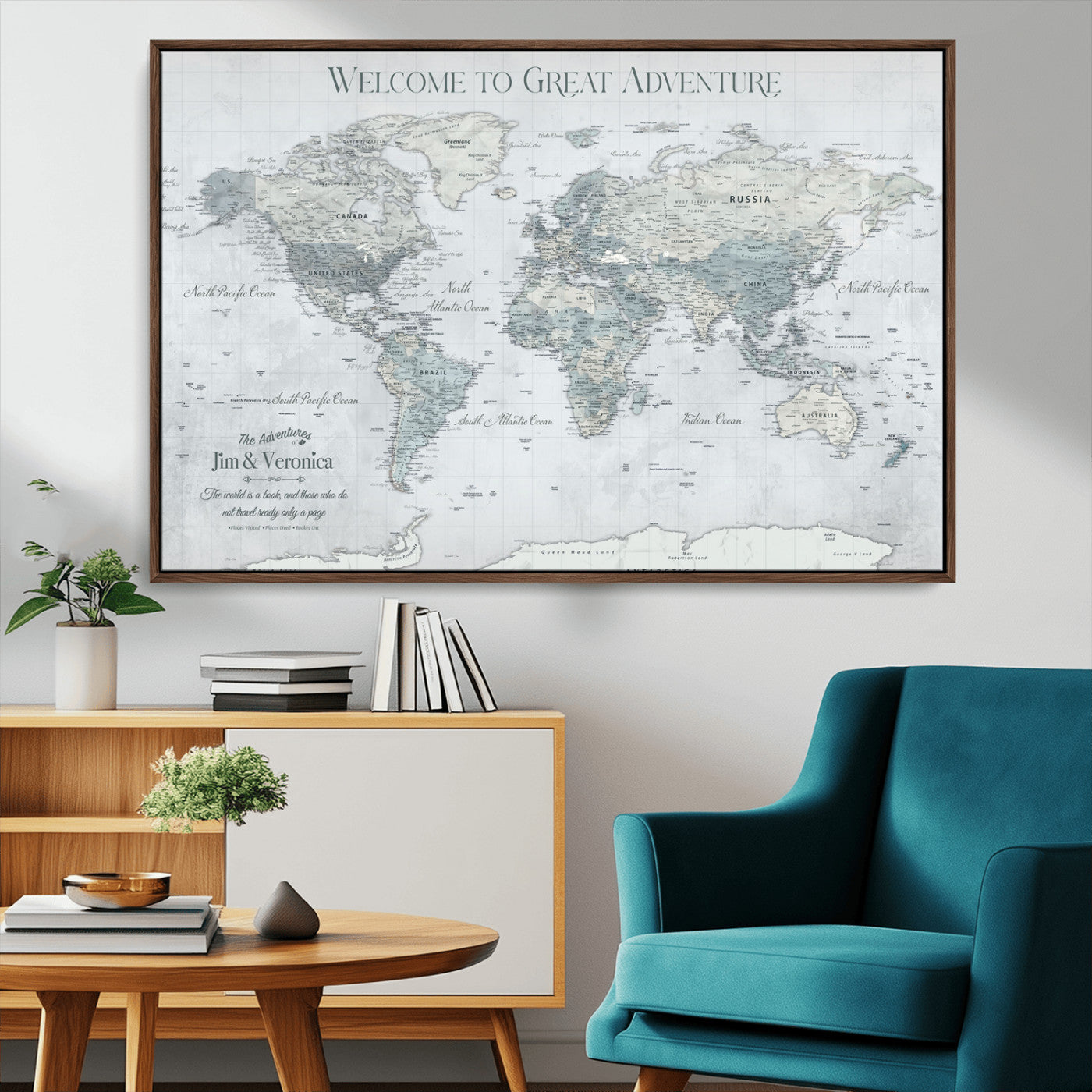 70605050-MGV-CV-36X24-Personalized World Map Wall Art – Cool Gray Adventure Travel Map with Custom Names, Elegant Push Pin Canvas for Couples, Family