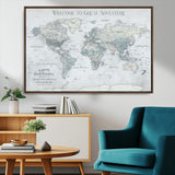 70605050-MGV-CV-36X24-Personalized World Map Wall Art – Cool Gray Adventure Travel Map with Custom Names, Elegant Push Pin Canvas for Couples, Family