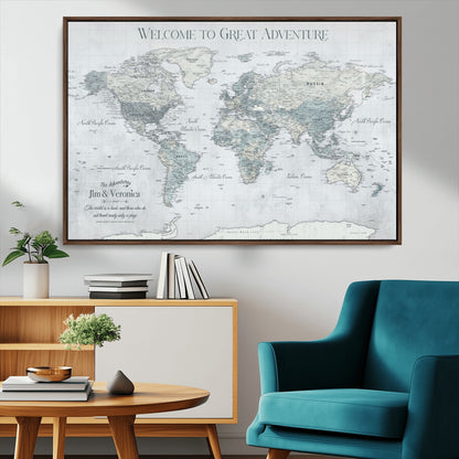 70605050-MGV-CV-36X24-Personalized World Map Wall Art – Cool Gray Adventure Travel Map with Custom Names, Elegant Push Pin Canvas for Couples, Family