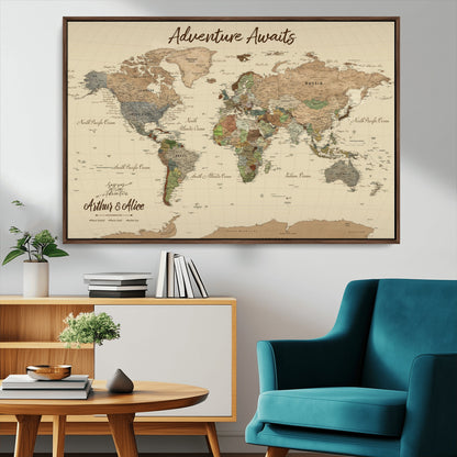 53442996-MGV-CV-36X24-Personalized World Map Wall Art – Adventure Awaits Vintage Travel Map with Custom Couple Names, Rustic Wall Decor for Home,