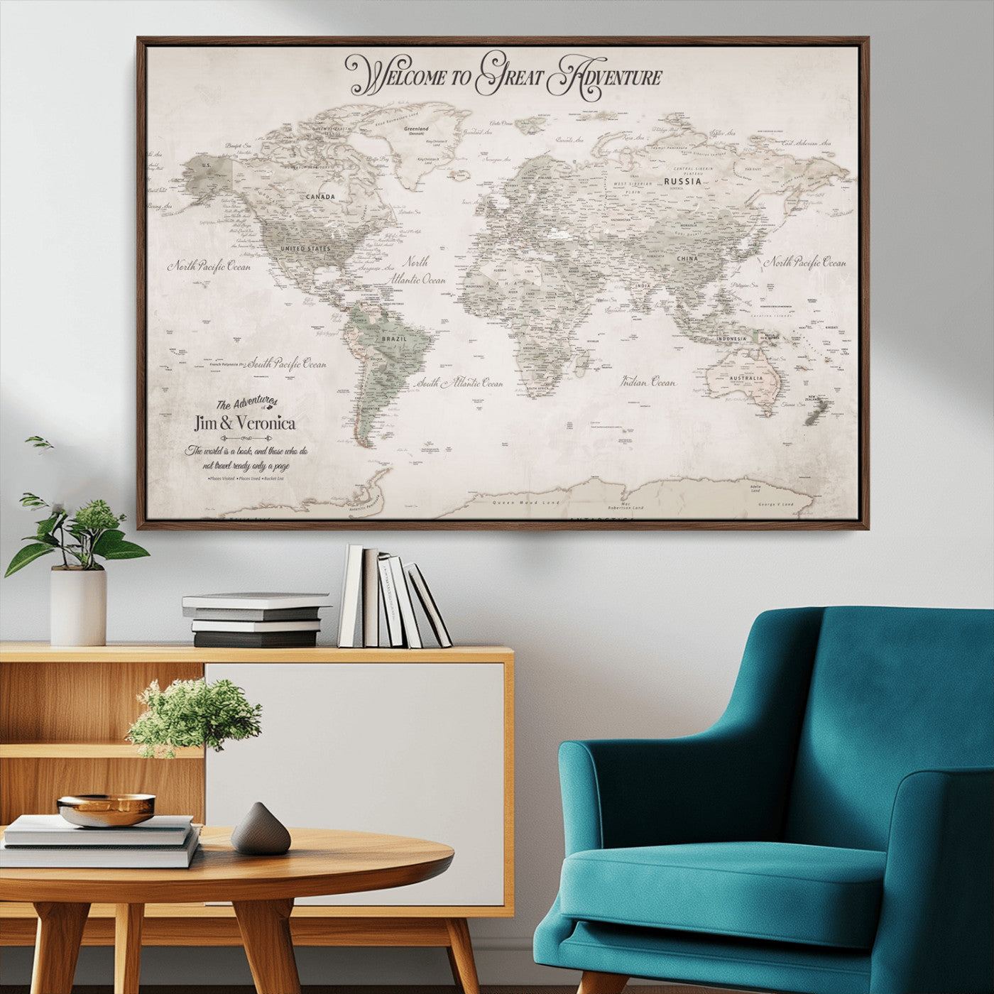 93034948-MGV-CV-36X24-Personalized World Map Wall Art – Vintage Beige Adventure Travel Map with Custom Names, Elegant Push Pin Canvas for Couples,